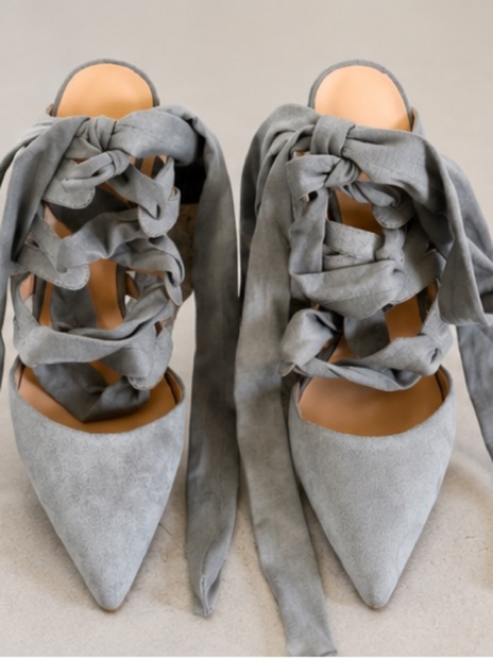 Pointed Lace-Up Heels in Light Blue/ Gray Suede
